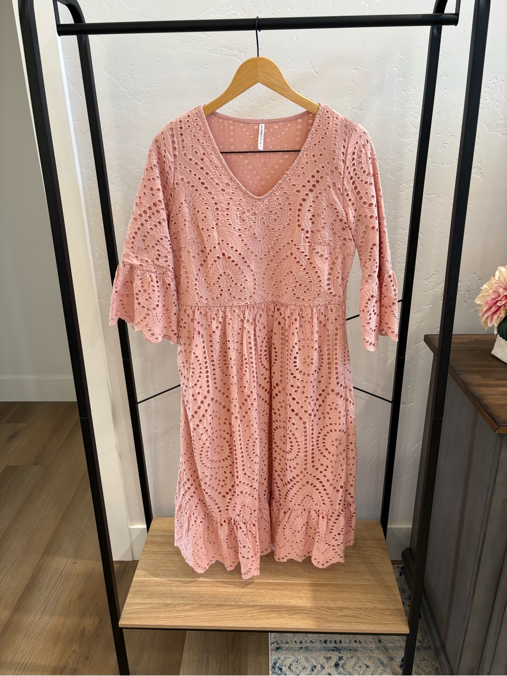 V-Neck Dusty Pink Eyelet Midi Dress with Ruffle Hem